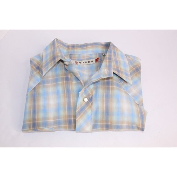 Roper Men's Cowboy Shirt L Blue Tan Plaid Western Pearl Snap Casual Fit Relaxed - Picture 15 of 15